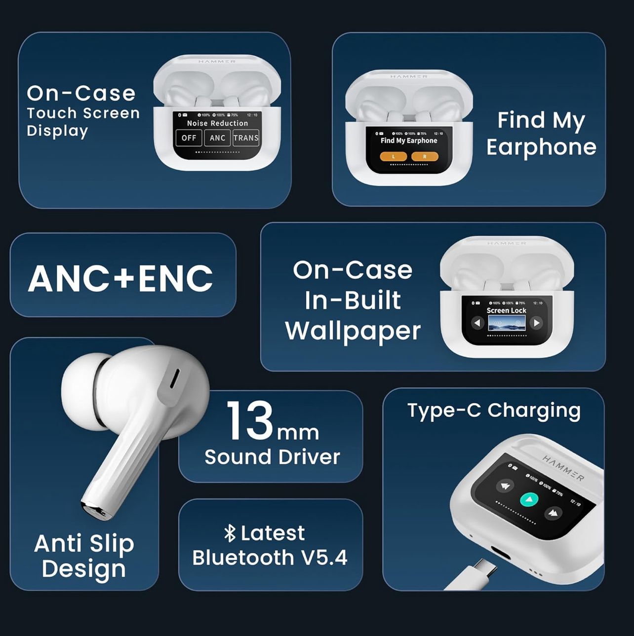 Scubel SmartPods Pro ANC Wireless Earbuds with Touch Display & Noise Cancellation